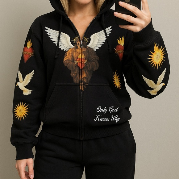Black Zip-up Hoodie and Sweats Set with Graphic Design Streetwear style - Picture 1 of 5